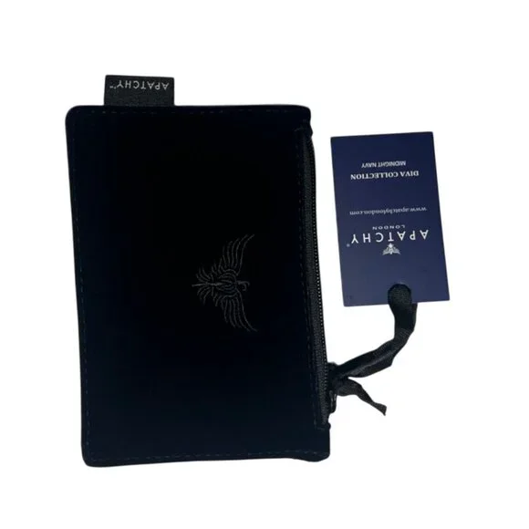 Apatchy London Small Black Velvet Coin Purse With Embroidered Logo & Zipper Clos - Picture 2 of 8